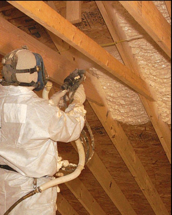 Attic / Crawlspace Under Roof With Insulation Foam and Rafters Taken During  Florida Home Inspection Stock Photo