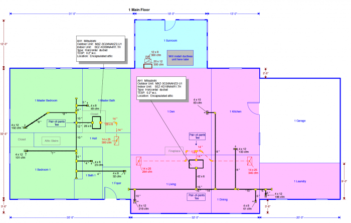 Bailes residence duct plan for Mitsubishi ducted mini-split heat pump with two air handlers