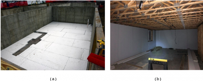 (a) EPS sub-slab insulation, (b) polyisocyanurate interior foundation wall insulation