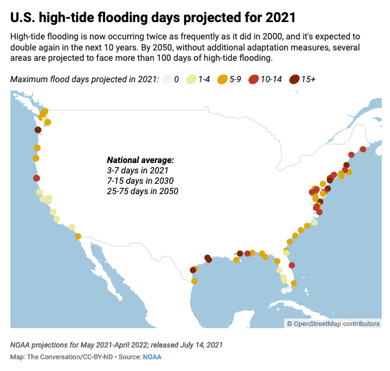 Map of U.S. showing high-tide flooding days