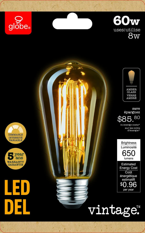 GLOBE ELECTRIC bulb in packaging with features listed