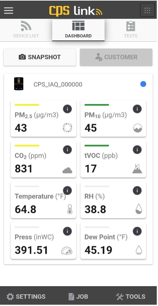 CPS IAQ PRO SmartAir app screen