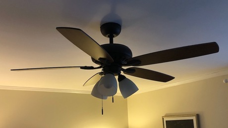 A ceiling fan converts electricity to motion (kinetic energy) and heat