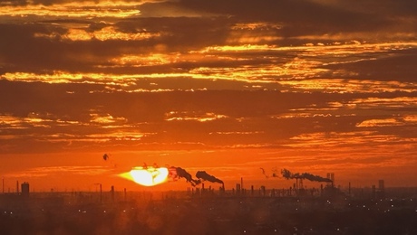 Sunrise over oil and gas refineries in Houston, Texas